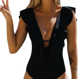 SPORLIKE Women One Piece Swimsuit V-Neck Ruffle Bathing Suit Padded Monokini-M